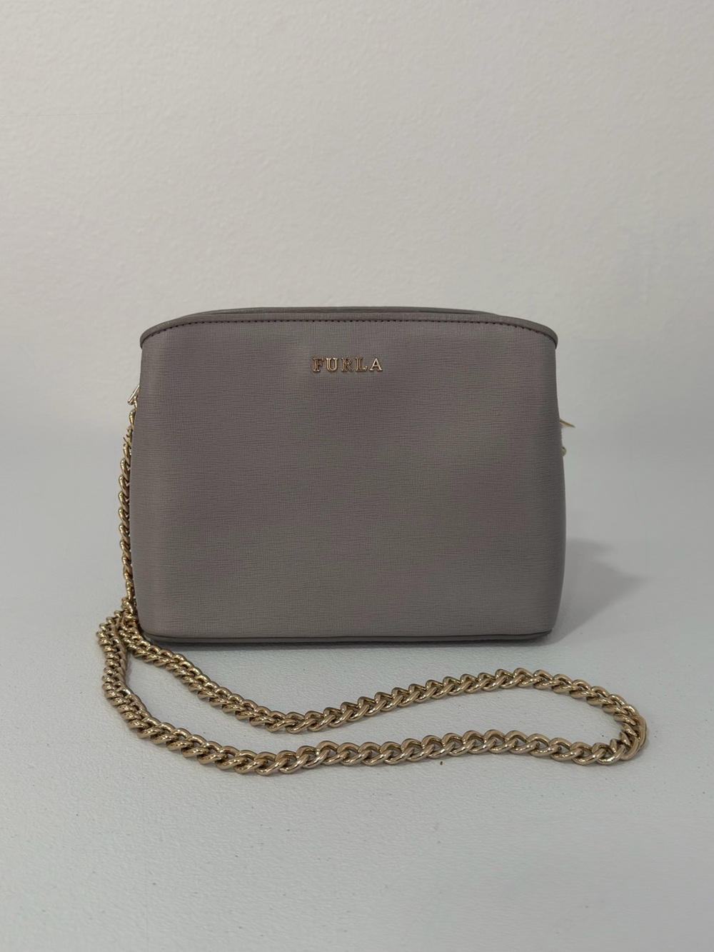 Furla Grey-Taupe Leather Crossbody with Gold Chain